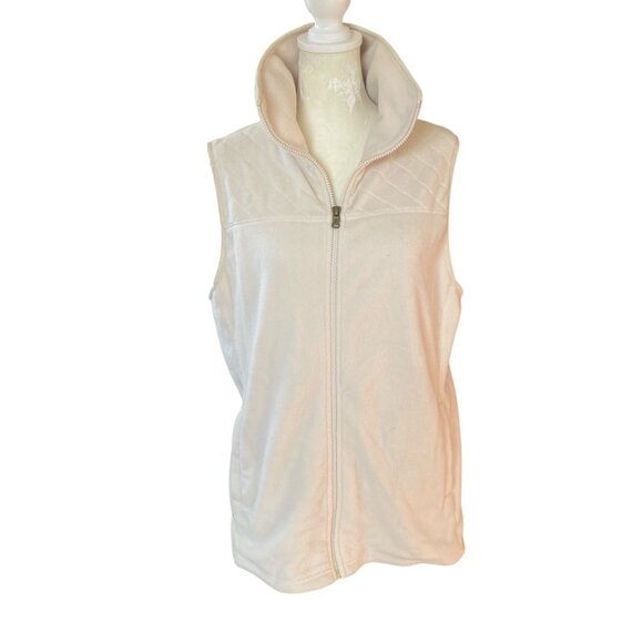 Chaps women's large cream sleeveless collared zip up stretchy soft fleece vest - Picture 6 of 10